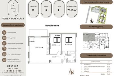 Rzut - Mieszkanie na sprzedaż 3 pokoje o powierzchni 76,1 m² - numer B1.2_1 w Perła Północy etap 2