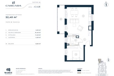 Rzut - Mieszkanie na sprzedaż 2 pokoje o powierzchni 52,4 m² - numer A3.8.31 w Cascada