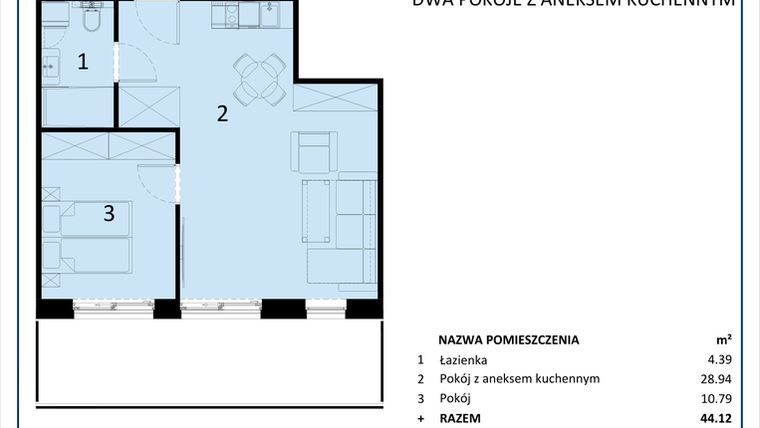 Rzut - Mieszkanie na sprzedaż 2 pokoje o powierzchni 44,12 m² - numer C.107 w Perłowa Przystań - Sianożęty - etap III