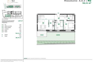 Rzut - Mieszkanie na sprzedaż 3 pokoje o powierzchni 55,43 m² - numer A.0.3 w Apartamenty Pszczyńska
