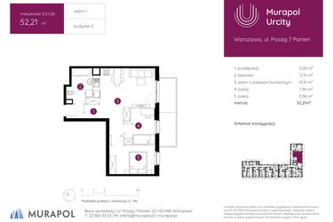 Rzut - Mieszkanie na sprzedaż 3 pokoje o powierzchni 52,21 m² - numer 3.A.1.06 w Murapol Urcity