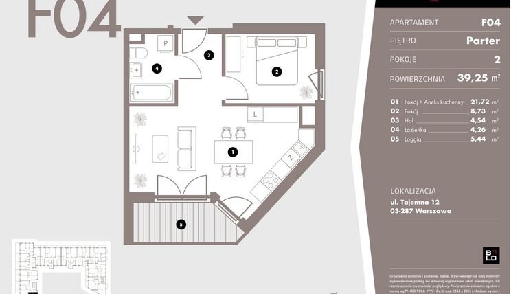 Rzut - Mieszkanie na sprzedaż 2 pokoje o powierzchni 39,25 m² - numer F04 w Livo