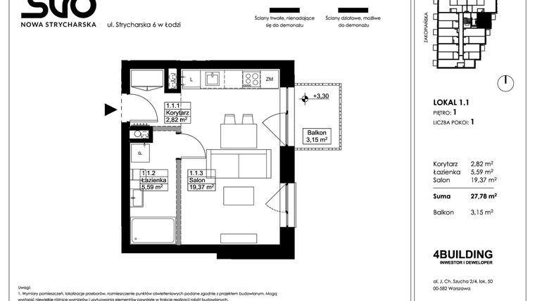 Rzut - Mieszkanie na sprzedaż 1 pokój o powierzchni 27,78 m² - numer 1.1 w Nowa Strycharska | STR 6