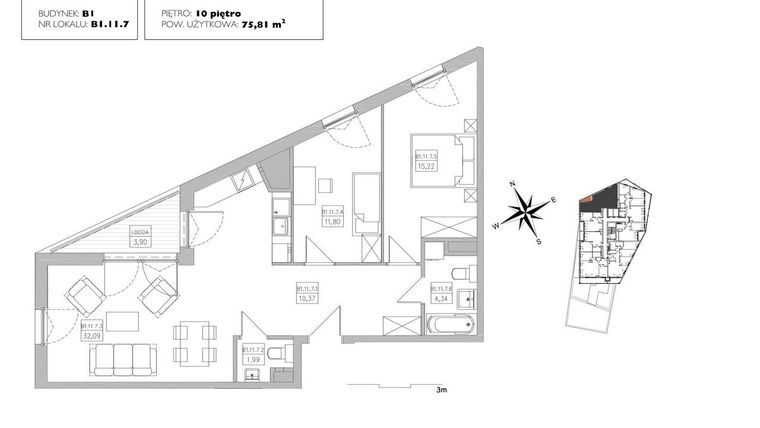Rzut - Mieszkanie na sprzedaż 3 pokoje o powierzchni 75,81 m² - numer B1.11.7 w Alvarium 2.0