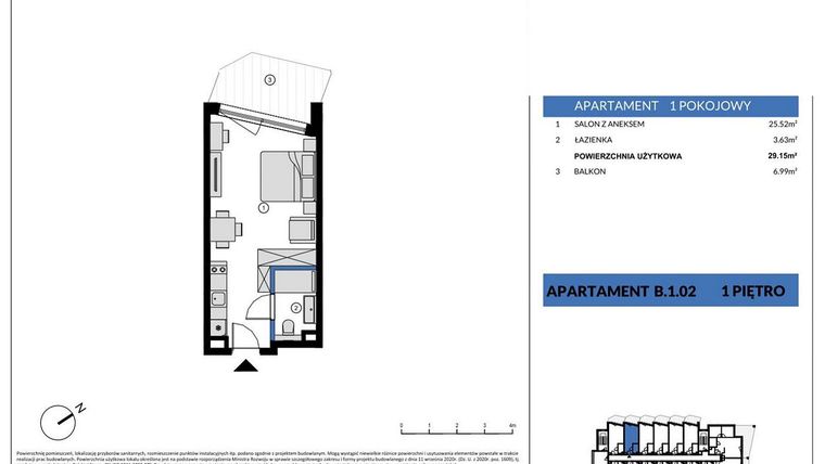 Rzut - Mieszkanie na sprzedaż 1 pokój o powierzchni 29,15 m² - numer B.102 w Wind Yacht
