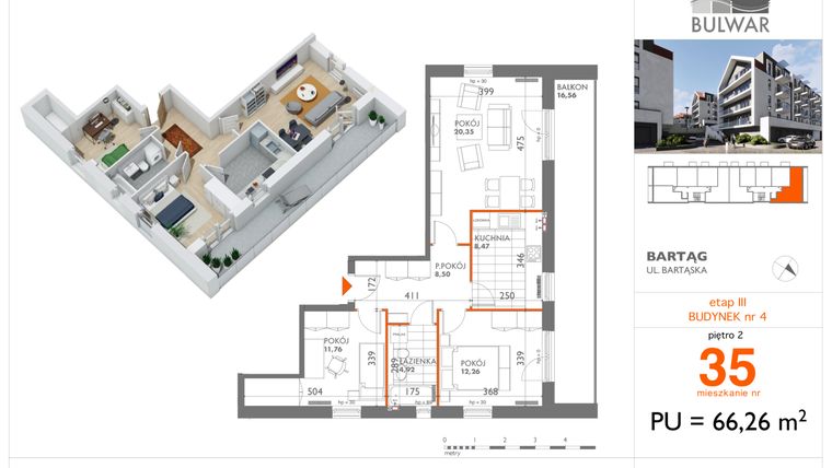 Rzut - Mieszkanie na sprzedaż 3 pokoje o powierzchni 66,26 m² - numer 35 w Osiedle Bulwar bud. 4