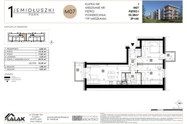 Rzut - Mieszkanie na sprzedaż 3 pokoje o powierzchni 55,38 m² - numer M07 w Jemiołuszki Park