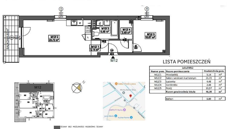 Rzut - Mieszkanie na sprzedaż 2 pokoje o powierzchni 46,39 m² - numer M12 w Jeziorna 1