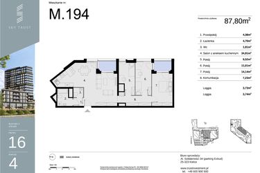 Rzut - Mieszkanie na sprzedaż 4 pokoje o powierzchni 87,8 m² - numer M194 w Sky Trust etap II