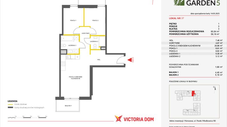 Rzut - Mieszkanie na sprzedaż 3 pokoje o powierzchni 60,84 m² - numer 37 w Nova Viva Garden 5