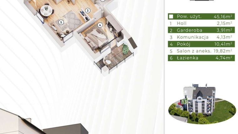 Rzut - Mieszkanie na sprzedaż 2 pokoje o powierzchni 45,16 m² - numer 21.M13 w Osiedle Leśny Zakątek