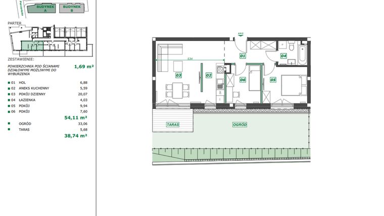 Rzut - Mieszkanie na sprzedaż 3 pokoje o powierzchni 55,43 m² - numer A.0.3 w Apartamenty Pszczyńska