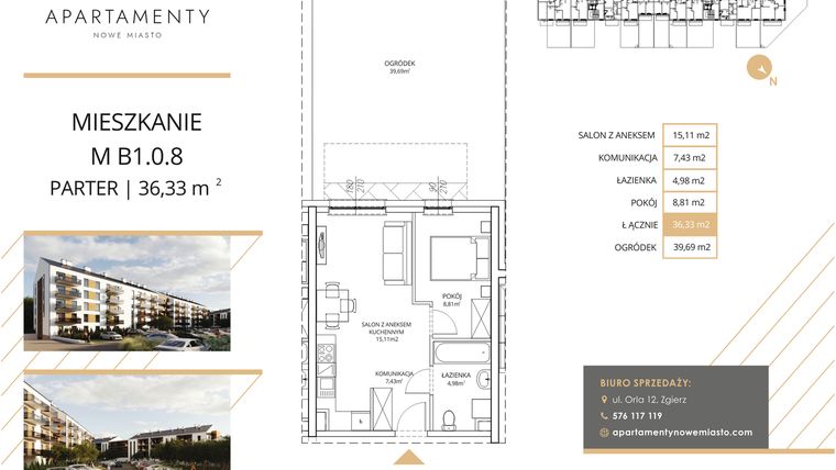 Rzut - Mieszkanie na sprzedaż 2 pokoje o powierzchni 36,33 m² - numer B1.0.8 w Apartamenty Nowe Miasto