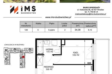 Rzut - Mieszkanie na sprzedaż 2 pokoje o powierzchni 34,15 m² - numer 128 w Krakowskie Tarasy etap V
