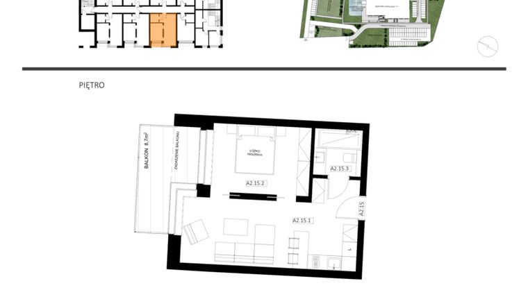 Rzut - Mieszkanie na sprzedaż 2 pokoje o powierzchni 39,4 m² - numer A2.15 w Apartamenty Dźwirzyno
