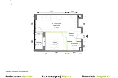 Rzut - Mieszkanie na sprzedaż 2 pokoje o powierzchni 42,83 m² - numer A1/02/29 w WUWA Vita