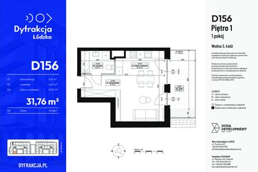 Rzut - Mieszkanie na sprzedaż 1 pokój o powierzchni 31,76 m² - numer D156 w Dyfrakcja Łódzka - bud. CD