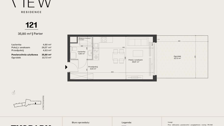 Rzut - Mieszkanie na sprzedaż 1 pokój o powierzchni 35,8 m² - numer 121 w The View
