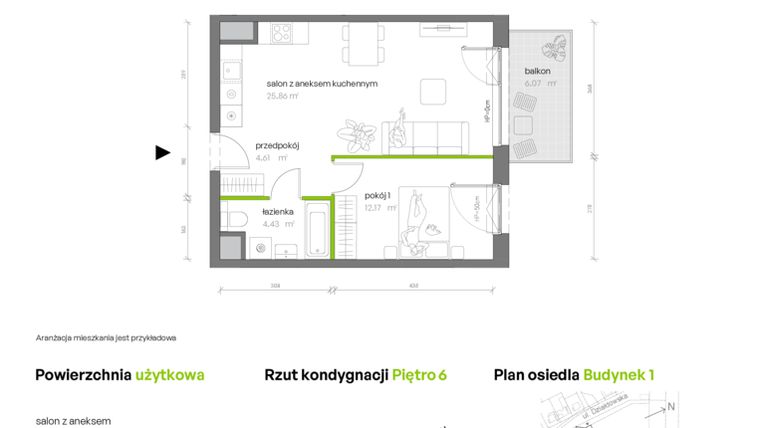Rzut - Mieszkanie na sprzedaż 2 pokoje o powierzchni 47,07 m² - numer 1.06.M70 w Morska Vita