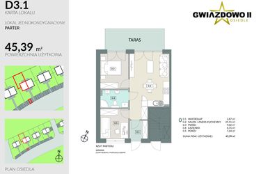 Rzut - Mieszkanie na sprzedaż 3 pokoje o powierzchni 45,39 m² - numer D3.1 w Gwiazdowo II