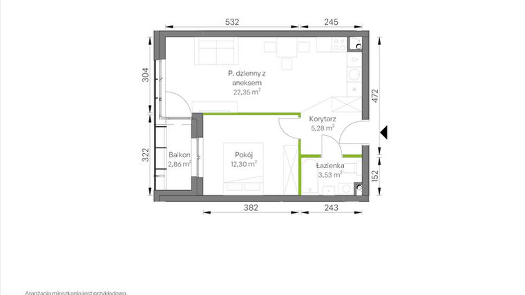 Rzut - Mieszkanie na sprzedaż 2 pokoje o powierzchni 43,46 m² - numer A1/00/05 w WUWA Vita
