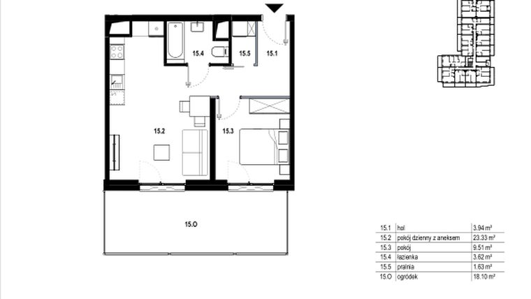 Rzut - Mieszkanie na sprzedaż 2 pokoje o powierzchni 42,03 m² - numer C3.15 w Osiedle Mozaika
