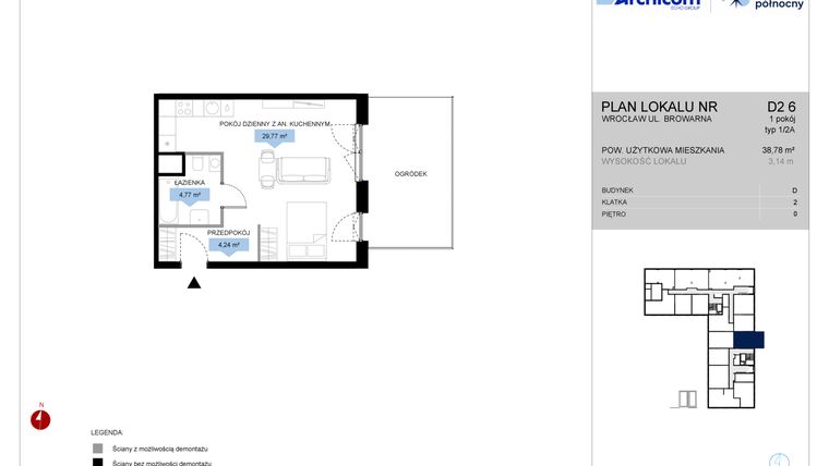 Rzut - Mieszkanie na sprzedaż 1 pokój o powierzchni 38,78 m² - numer D2.6 w Bulwar Północny