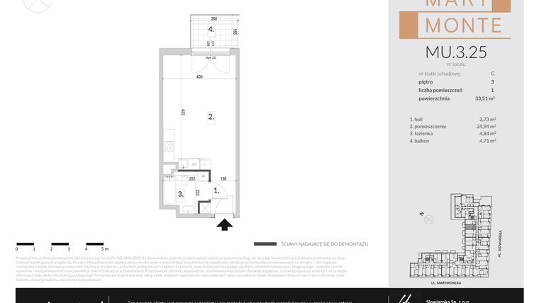 Rzut - Mieszkanie na sprzedaż 1 pokój o powierzchni 33,51 m² - numer MU.3.25 w Marimonte - apartamenty inwestycyjne