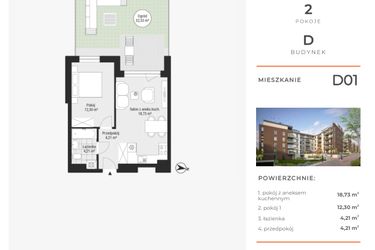Rzut - Mieszkanie na sprzedaż 2 pokoje o powierzchni 39,45 m² - numer D01 w Na Koszutce II