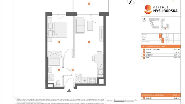 Rzut - Mieszkanie na sprzedaż 2 pokoje o powierzchni 38,48 m² - numer A6 w Osiedle Myśliborska