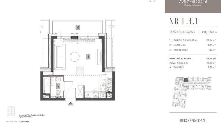 Rzut - Mieszkanie na sprzedaż 1 pokój o powierzchni 29,36 m² - numer L.4.1 w Zamoyskiego 31