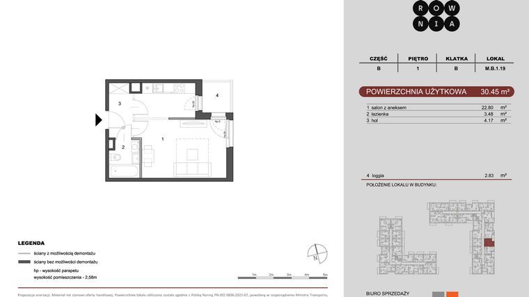 Rzut - Mieszkanie na sprzedaż 1 pokój o powierzchni 30,45 m² - numer M.B.1.019 w CUKROWNIA