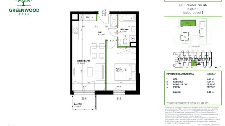 Rzut - Mieszkanie na sprzedaż 2 pokoje o powierzchni 40,8 m² - numer B 36 w Greenwood Park