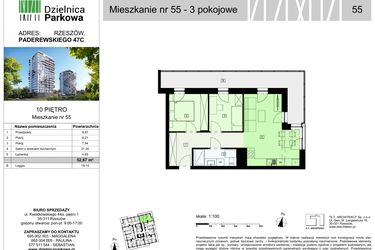 Rzut - Mieszkanie na sprzedaż 3 pokoje o powierzchni 52,67 m² - numer 55/B8 w Dzielnica Parkowa VIII