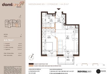 Rzut - Mieszkanie na sprzedaż 2 pokoje o powierzchni 44,9 m² - numer B5 w Domkove Widzew
