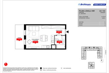 Rzut - Mieszkanie na sprzedaż 1 pokój o powierzchni 31,79 m² - numer A4 154 w Osiedle Bociana 5