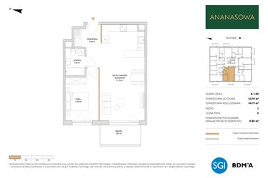 Rzut - Mieszkanie na sprzedaż 2 pokoje o powierzchni 54,71 m² - numer A.1.04 w Ananasowa