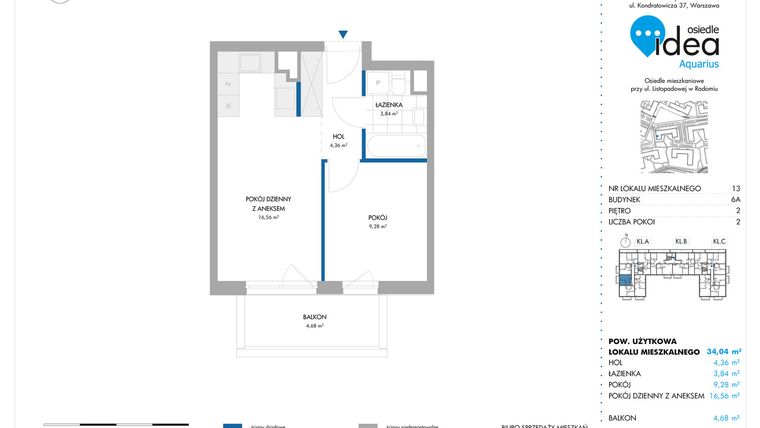 Rzut - Mieszkanie na sprzedaż 2 pokoje o powierzchni 34,04 m² - numer 6A/13 w Osiedle Idea Aquarius