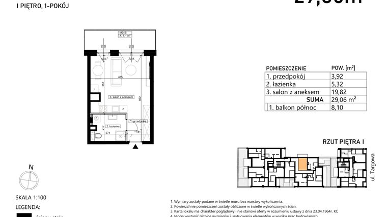 Rzut - Mieszkanie na sprzedaż 1 pokój o powierzchni 29,06 m² - numer M24 w Finezja