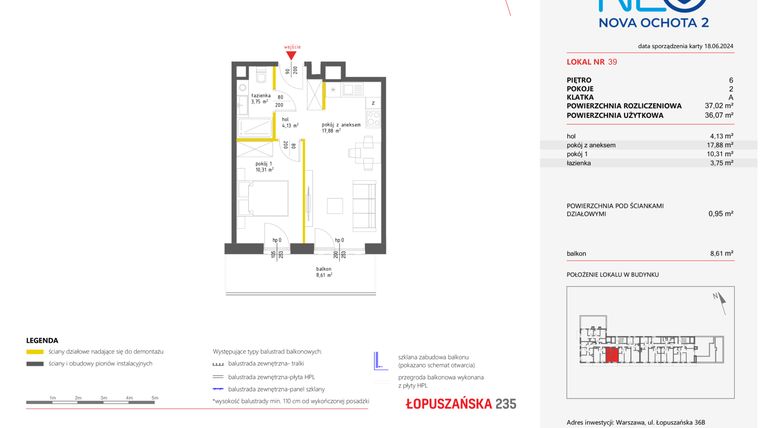 Rzut - Mieszkanie na sprzedaż 2 pokoje o powierzchni 37,02 m² - numer 39 w Neo Nova Ochota 2