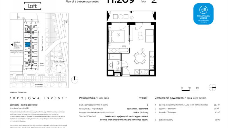 Rzut - Mieszkanie na sprzedaż 2 pokoje o powierzchni 37 m² - numer H.209 w Baltic Park Loft