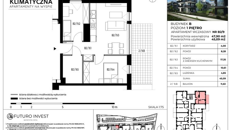 Rzut - Mieszkanie na sprzedaż 3 pokoje o powierzchni 45,9 m² - numer B2/9 w Apartamenty Klimatyczna