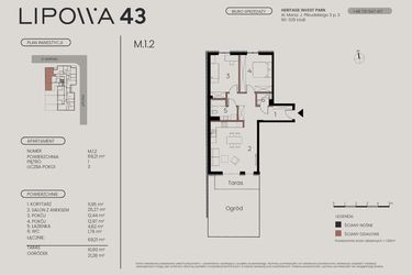 Rzut - Mieszkanie na sprzedaż 3 pokoje o powierzchni 69,21 m² - numer M.1.2 w Lipowa 43