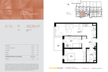 Rzut - Mieszkanie na sprzedaż 3 pokoje o powierzchni 60,28 m² - numer M12_NF.c w Nowe Flisy II