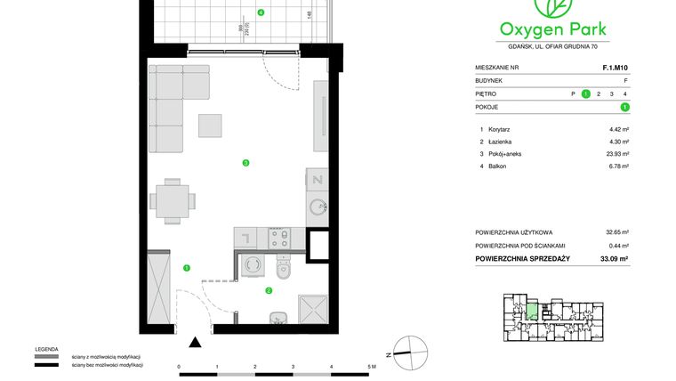 Rzut - Mieszkanie na sprzedaż 1 pokój o powierzchni 33,09 m² - numer F.1.M10 w Oxygen Park etap III