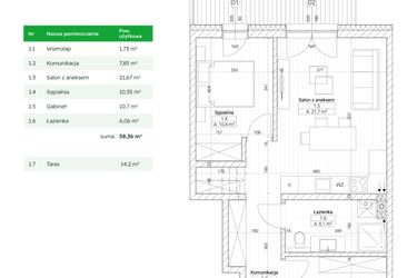Rzut - Mieszkanie na sprzedaż 3 pokoje o powierzchni 58,36 m² - numer B2M3 w Nefrytowa Park
