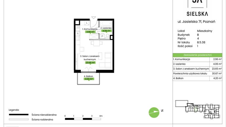 Rzut - Mieszkanie na sprzedaż 1 pokój o powierzchni 30,67 m² - numer B.5.38 w JA_SIELSKA V