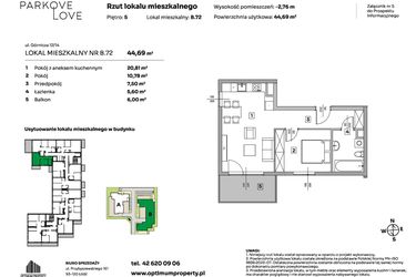 Rzut - Mieszkanie na sprzedaż 2 pokoje o powierzchni 44,69 m² - numer B.72 w Parkove Love