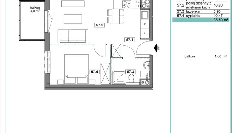 Rzut - Mieszkanie na sprzedaż 2 pokoje o powierzchni 35,82 m² - numer D.57 w Osiedle Kościuszki etap II