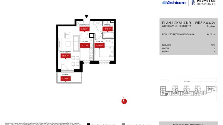 Rzut - Mieszkanie na sprzedaż 2 pokoje o powierzchni 44,08 m² - numer WR3 2/4/4/2k w Przystań Reymonta etap II